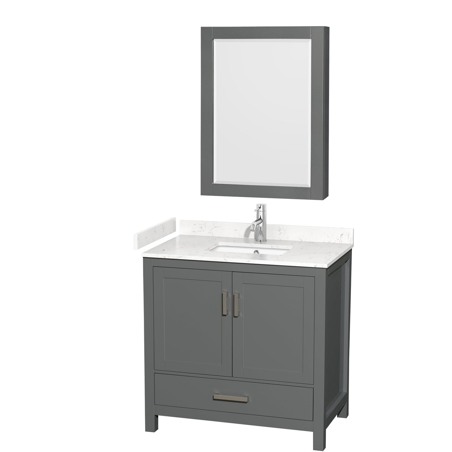 Wyndham Collection Sheffield 36" Single Bathroom Vanity in Dark Gray, Carrara Cultured Marble Countertop, Undermount Square Sink, Medicine Cabinet
