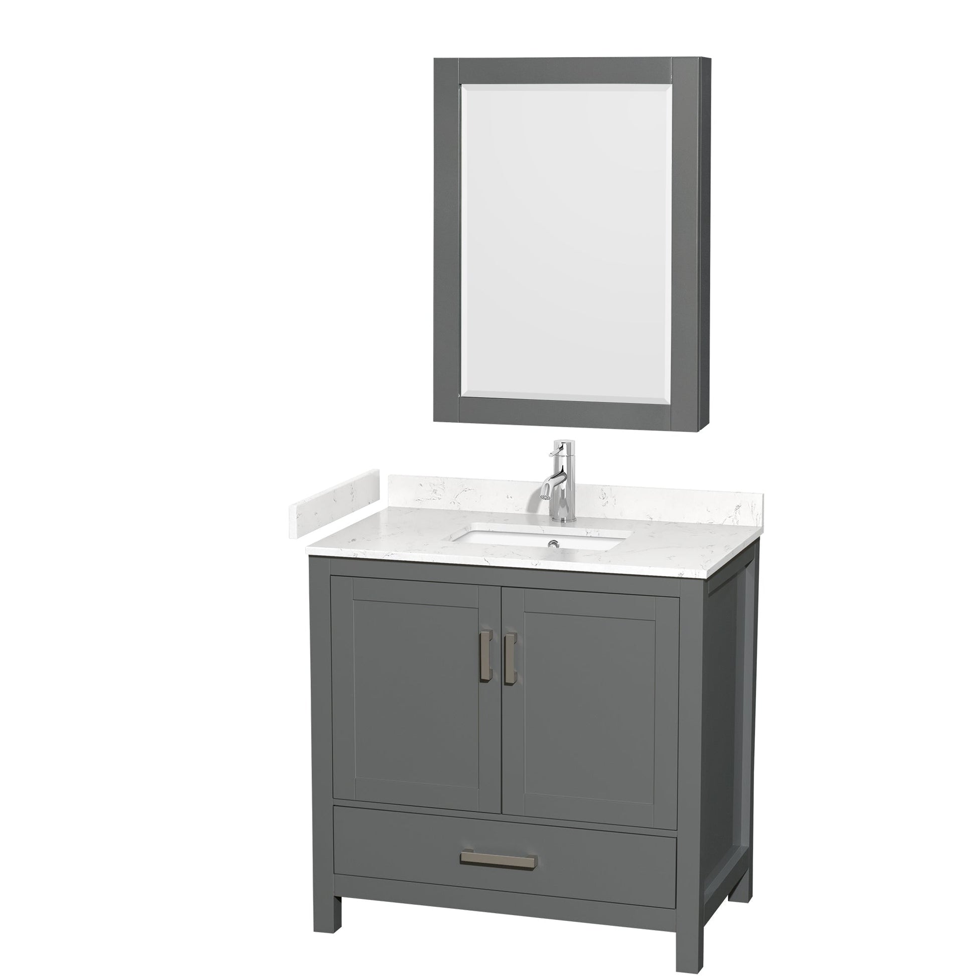 Wyndham Collection Sheffield 36" Single Bathroom Vanity in Dark Gray, Carrara Cultured Marble Countertop, Undermount Square Sink, Medicine Cabinet