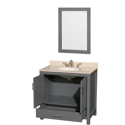 Wyndham Collection Sheffield 36" Single Bathroom Vanity in Dark Gray, Ivory Marble Countertop, Undermount Oval Sink, and 24" Mirror