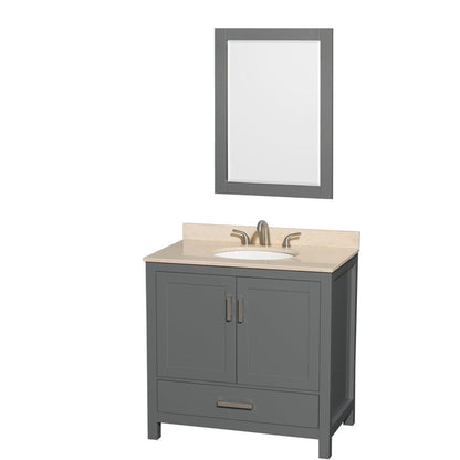 Wyndham Collection Sheffield 36" Single Bathroom Vanity in Dark Gray, Ivory Marble Countertop, Undermount Oval Sink, and 24" Mirror