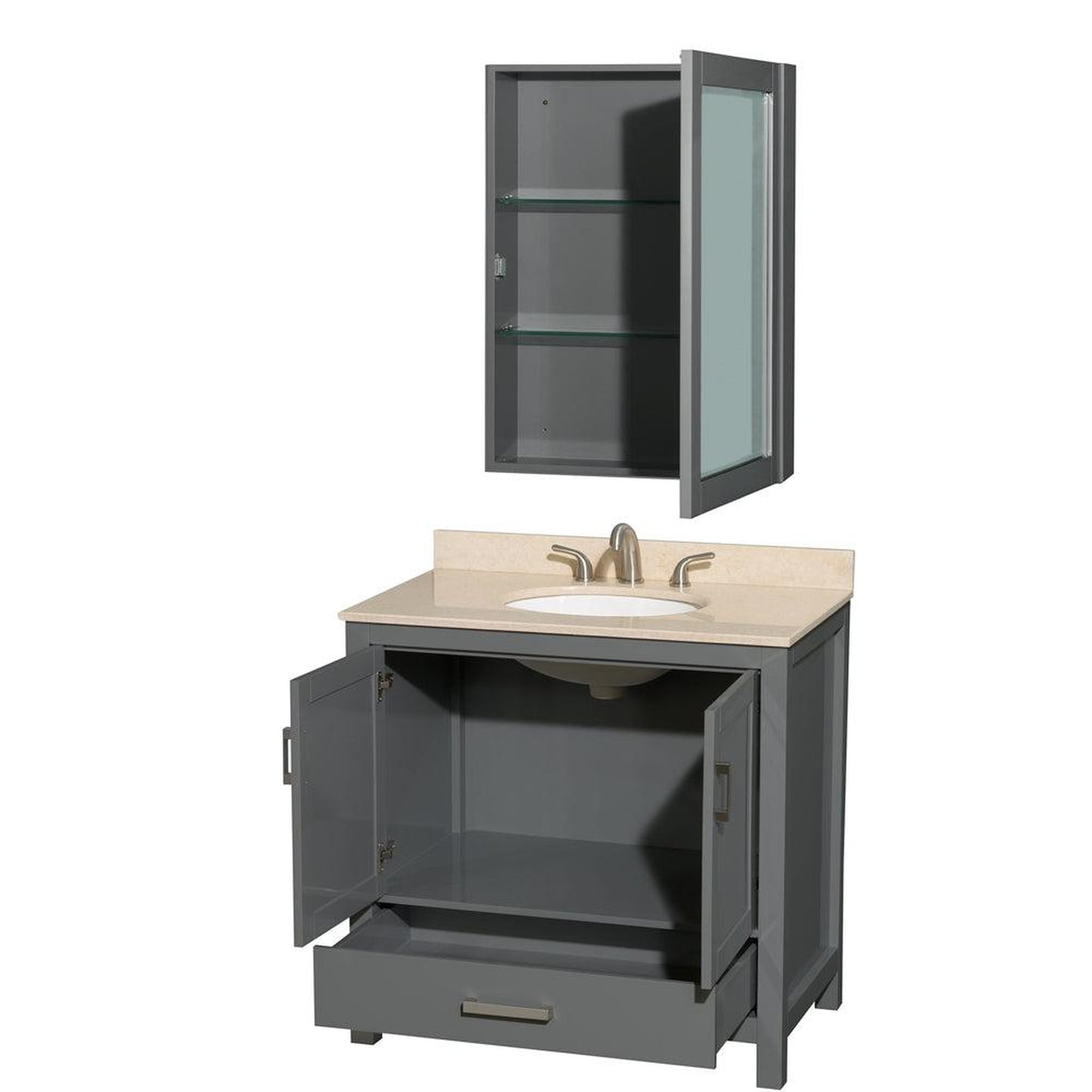 Wyndham Collection Sheffield 36" Single Bathroom Vanity in Dark Gray, Ivory Marble Countertop, Undermount Oval Sink, and Medicine Cabinet