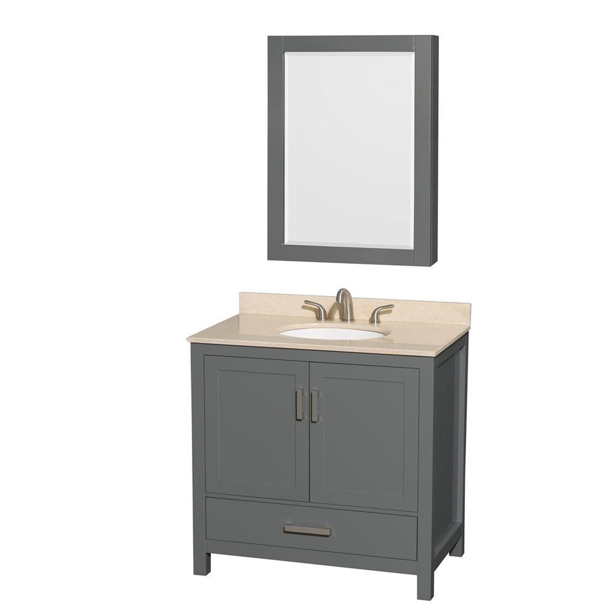 Wyndham Collection Sheffield 36" Single Bathroom Vanity in Dark Gray, Ivory Marble Countertop, Undermount Oval Sink, and Medicine Cabinet