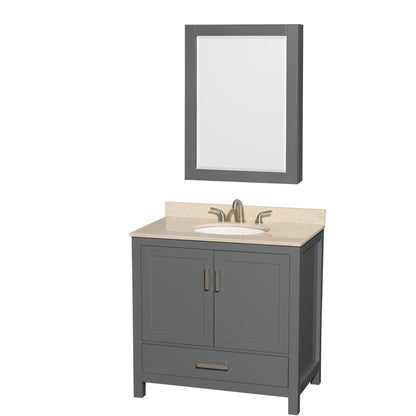 Wyndham Collection Sheffield 36" Single Bathroom Vanity in Dark Gray, Ivory Marble Countertop, Undermount Oval Sink, and Medicine Cabinet