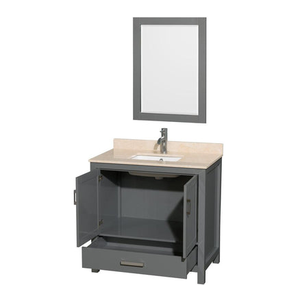 Wyndham Collection Sheffield 36" Single Bathroom Vanity in Dark Gray, Ivory Marble Countertop, Undermount Square Sink, and 24" Mirror