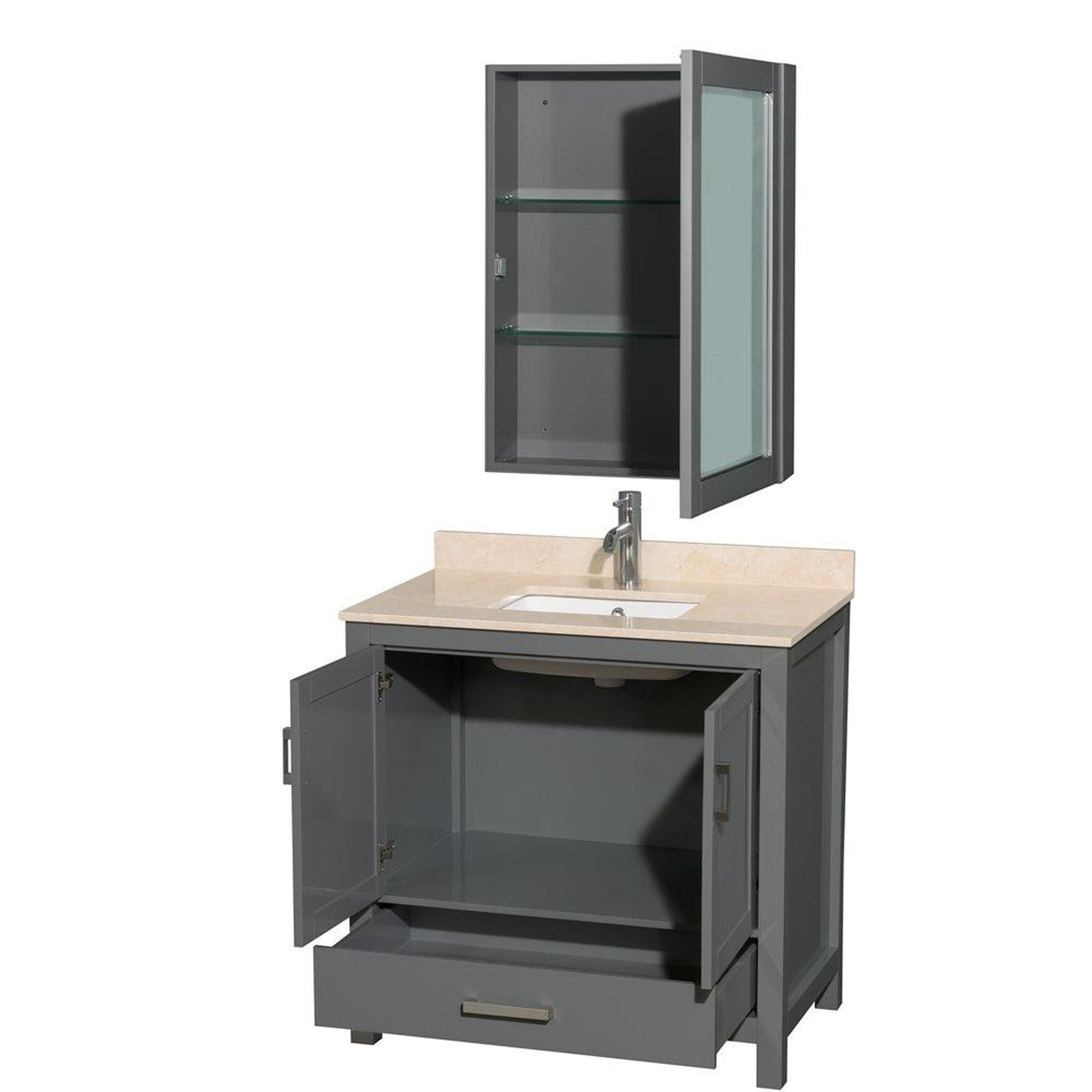 Wyndham Collection Sheffield 36" Single Bathroom Vanity in Dark Gray, Ivory Marble Countertop, Undermount Square Sink, and Medicine Cabinet