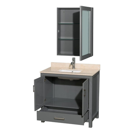 Wyndham Collection Sheffield 36" Single Bathroom Vanity in Dark Gray, Ivory Marble Countertop, Undermount Square Sink, and Medicine Cabinet