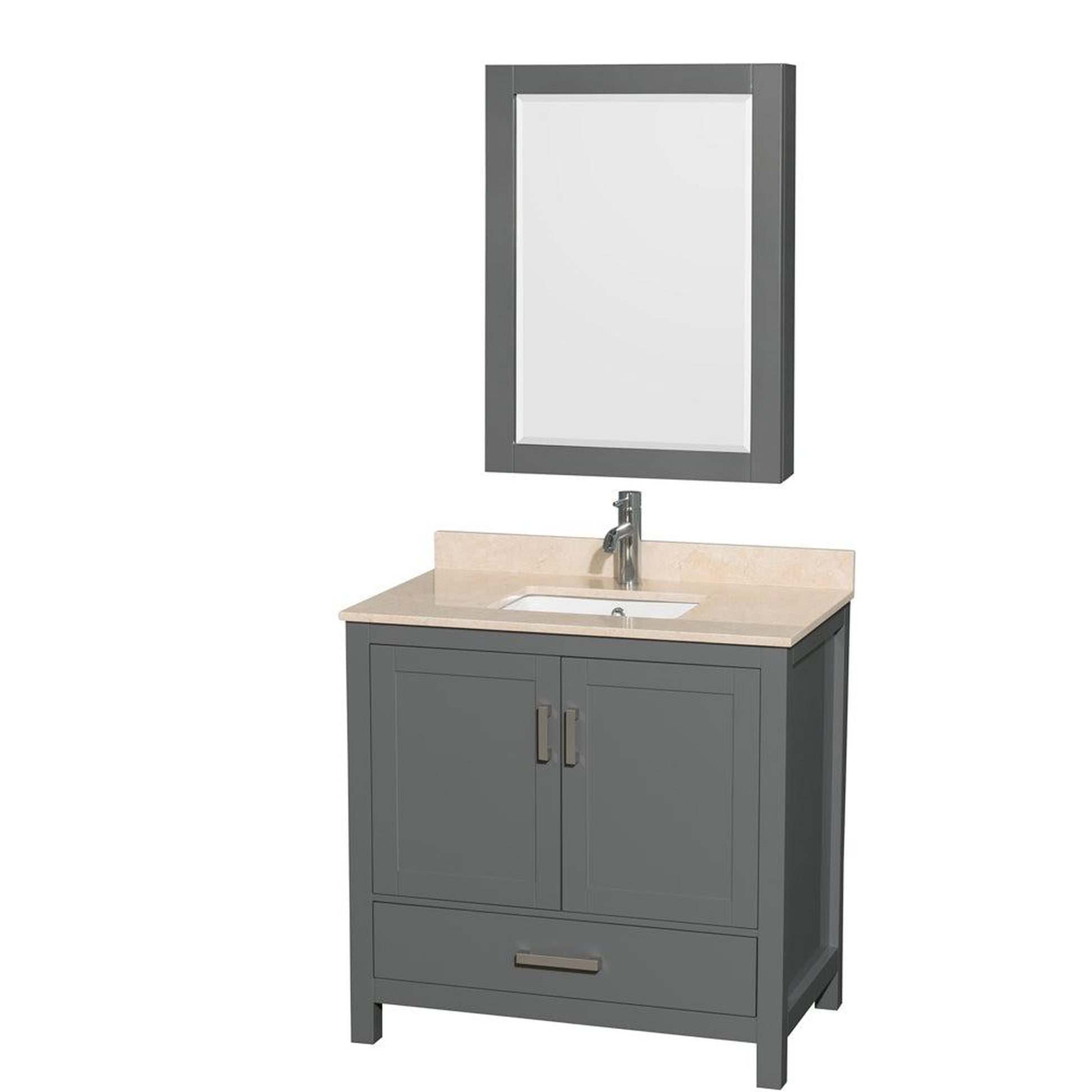 Wyndham Collection Sheffield 36" Single Bathroom Vanity in Dark Gray, Ivory Marble Countertop, Undermount Square Sink, and Medicine Cabinet