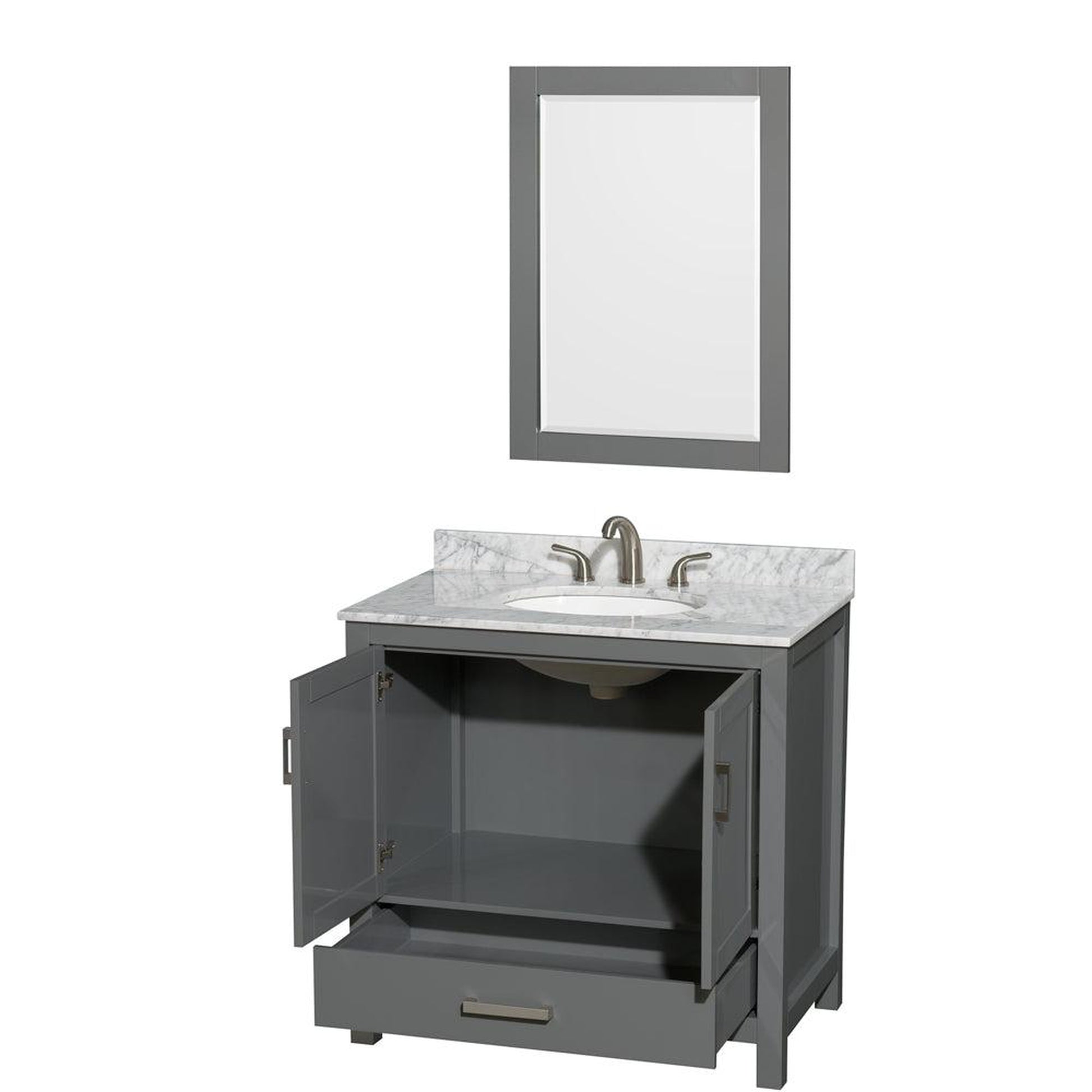 Wyndham Collection Sheffield 36" Single Bathroom Vanity in Dark Gray, White Carrara Marble Countertop, Undermount Oval Sink, and 24" Mirror