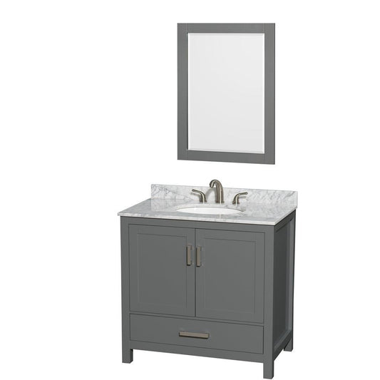 Wyndham Collection Sheffield 36" Single Bathroom Vanity in Dark Gray, White Carrara Marble Countertop, Undermount Oval Sink, and 24" Mirror