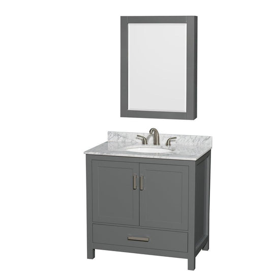 Wyndham Collection Sheffield 36" Single Bathroom Vanity in Dark Gray, White Carrara Marble Countertop, Undermount Oval Sink, and Medicine Cabinet