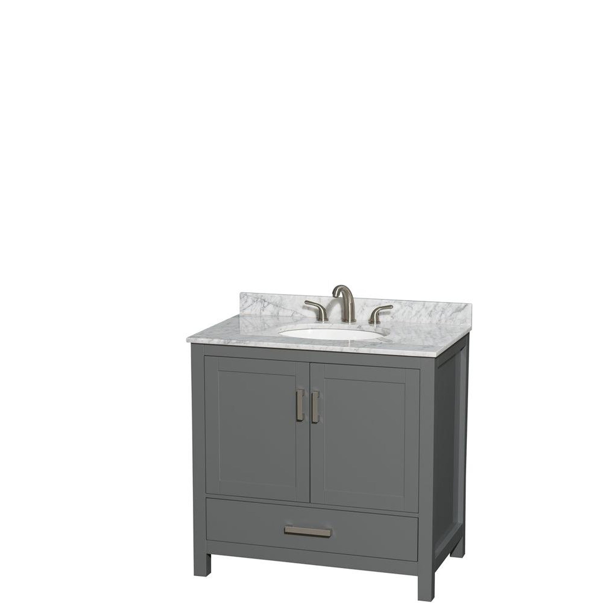 Wyndham Collection Sheffield 36" Single Bathroom Vanity in Dark Gray, White Carrara Marble Countertop, Undermount Oval Sink, and No Mirror