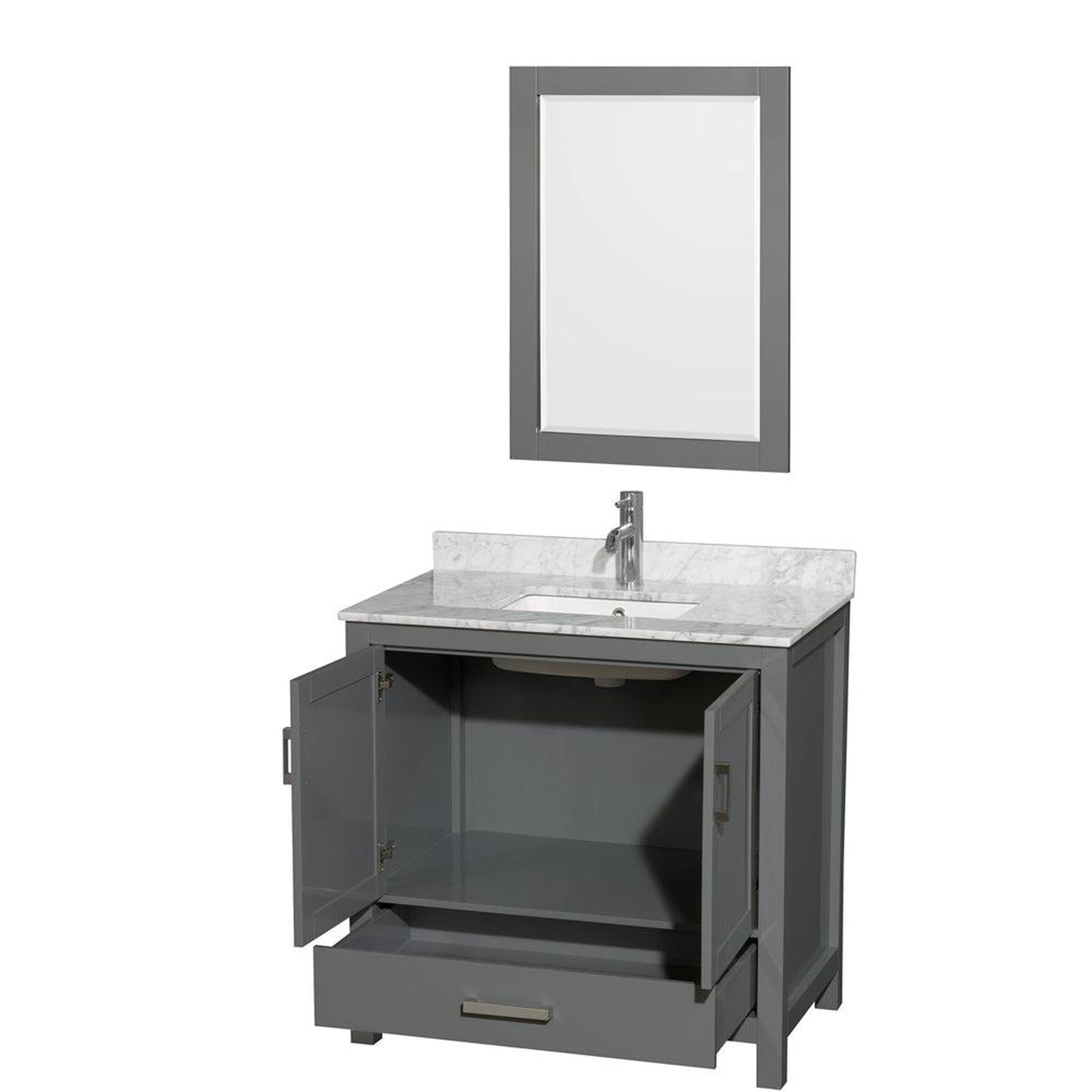 Wyndham Collection Sheffield 36" Single Bathroom Vanity in Dark Gray, White Carrara Marble Countertop, Undermount Square Sink, and 24" Mirror