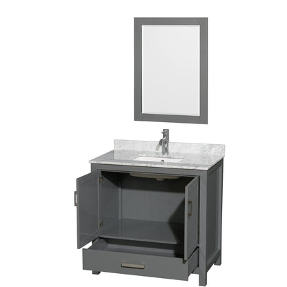 Wyndham Collection Sheffield 36" Single Bathroom Vanity in Dark Gray, White Carrara Marble Countertop, Undermount Square Sink, and 24" Mirror