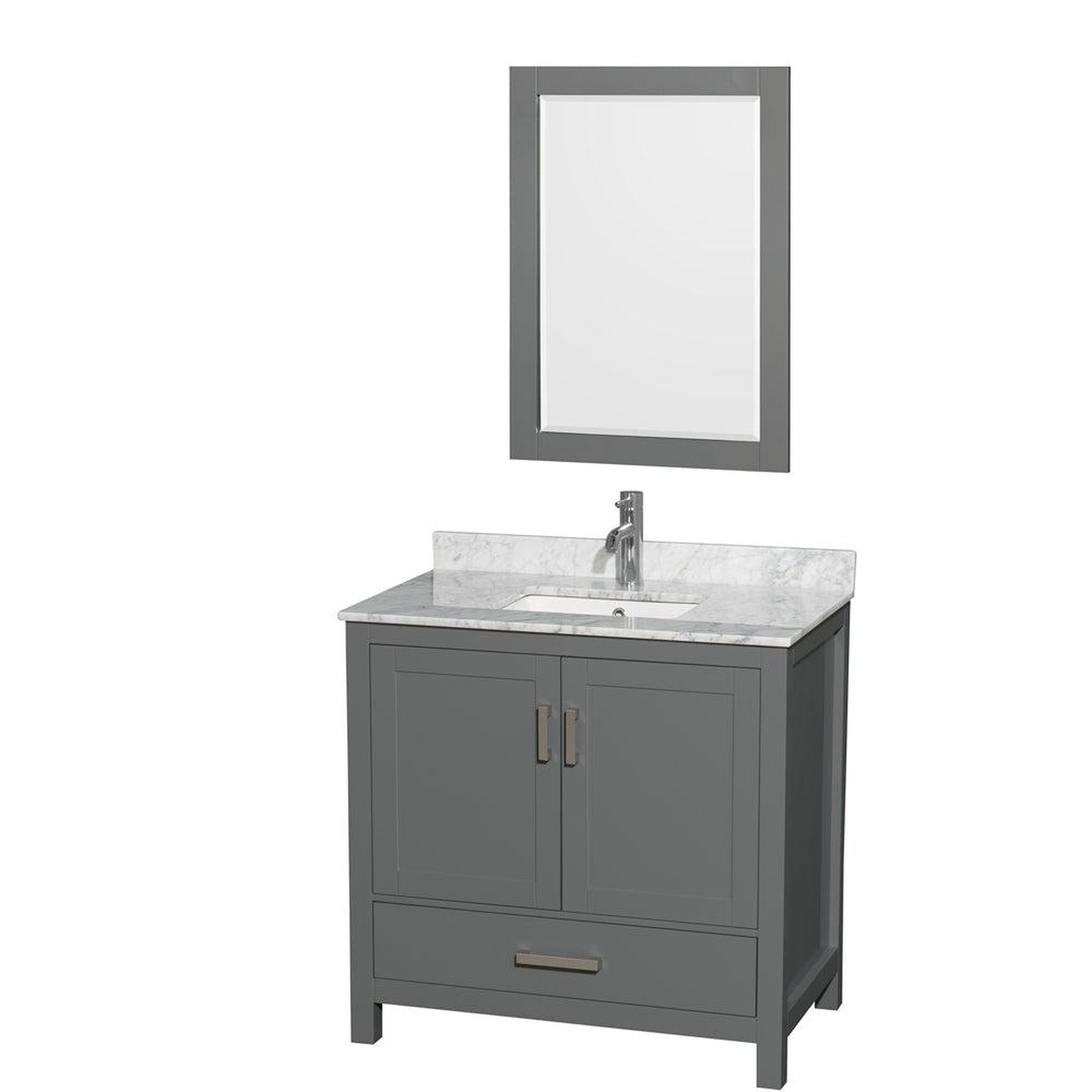 Wyndham Collection Sheffield 36" Single Bathroom Vanity in Dark Gray, White Carrara Marble Countertop, Undermount Square Sink, and 24" Mirror
