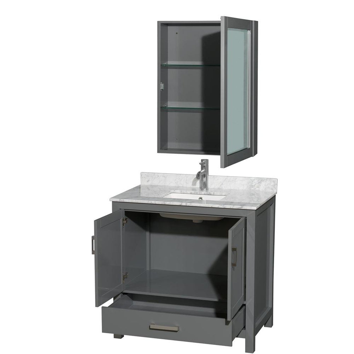 Wyndham Collection Sheffield 36" Single Bathroom Vanity in Dark Gray, White Carrara Marble Countertop, Undermount Square Sink, and Medicine Cabinet