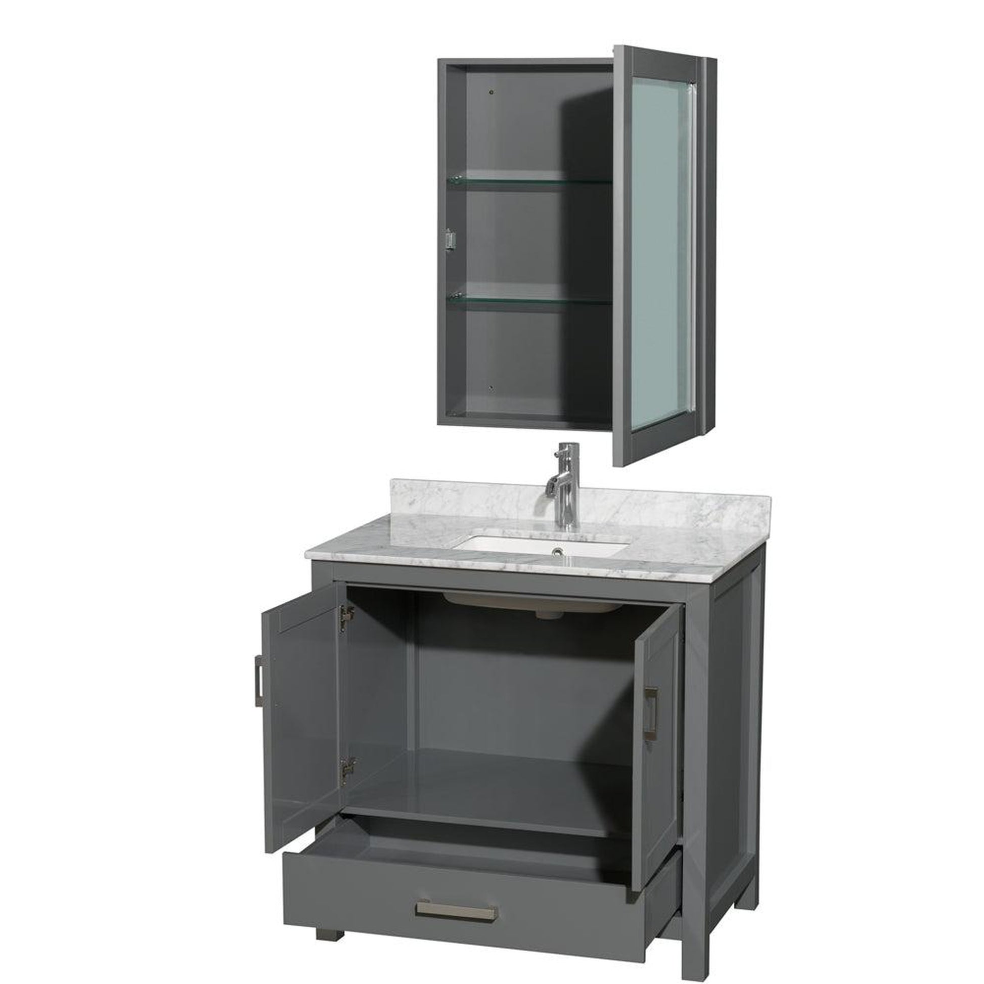 Wyndham Collection Sheffield 36" Single Bathroom Vanity in Dark Gray, White Carrara Marble Countertop, Undermount Square Sink, and Medicine Cabinet