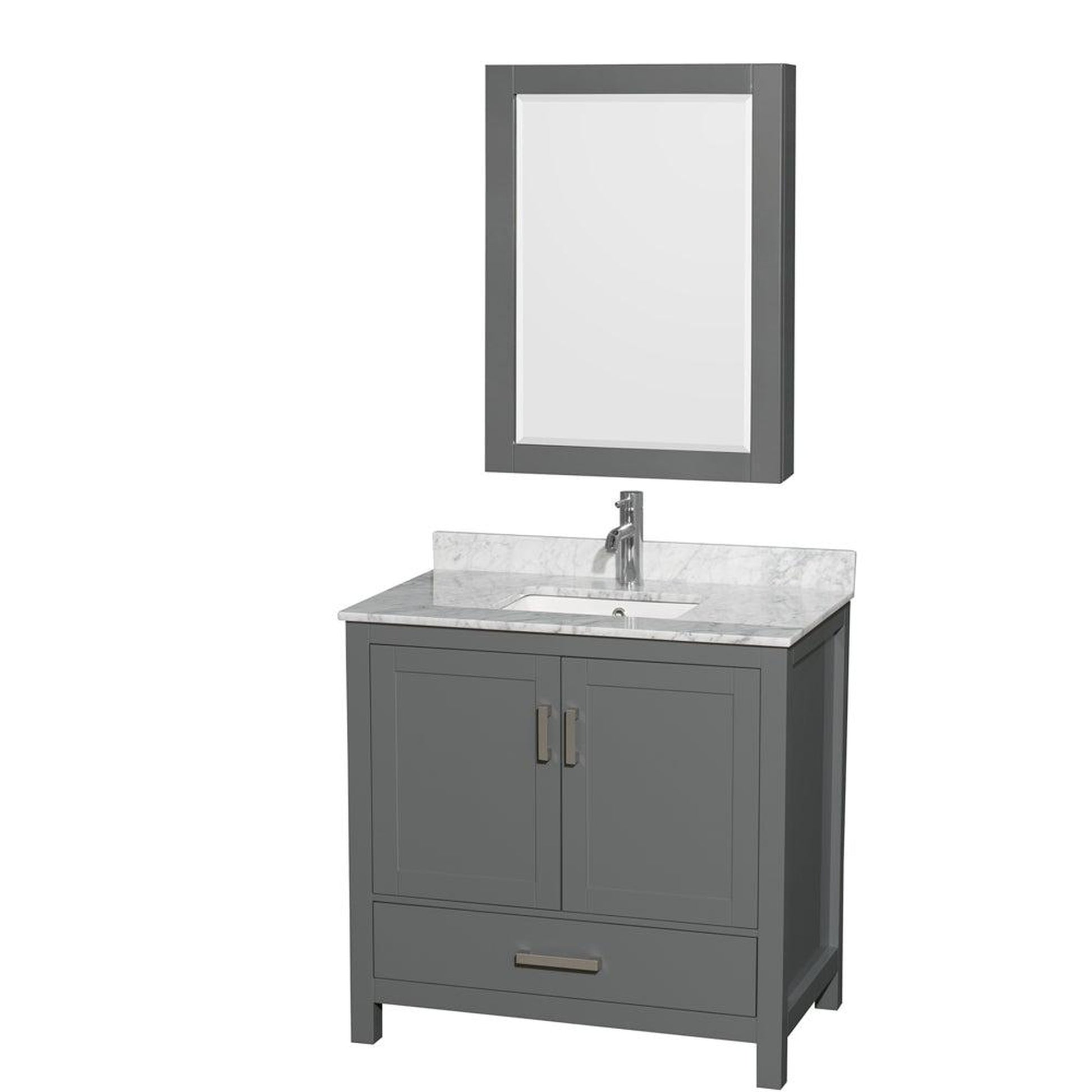 Wyndham Collection Sheffield 36" Single Bathroom Vanity in Dark Gray, White Carrara Marble Countertop, Undermount Square Sink, and Medicine Cabinet