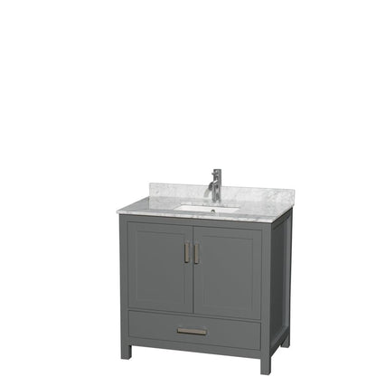 Wyndham Collection Sheffield 36" Single Bathroom Vanity in Dark Gray, White Carrara Marble Countertop, Undermount Square Sink, and No Mirror