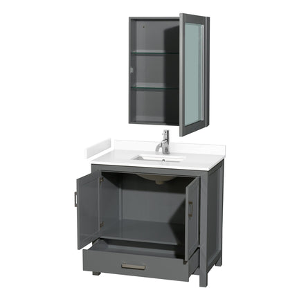Wyndham Collection Sheffield 36" Single Bathroom Vanity in Dark Gray, White Cultured Marble Countertop, Undermount Square Sink, Medicine Cabinet