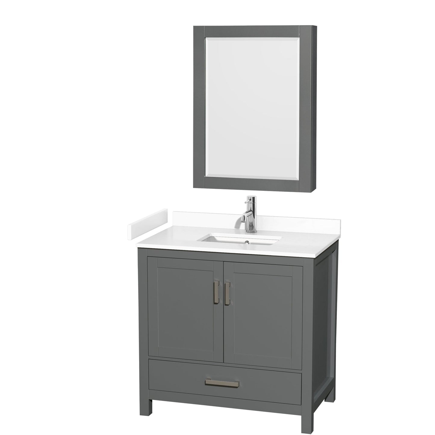 Wyndham Collection Sheffield 36" Single Bathroom Vanity in Dark Gray, White Cultured Marble Countertop, Undermount Square Sink, Medicine Cabinet