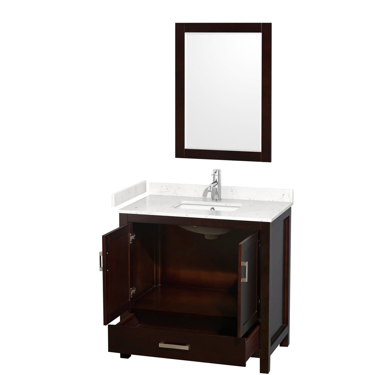 Wyndham Collection Sheffield 36" Single Bathroom Vanity in Espresso, Carrara Cultured Marble Countertop, Undermount Square Sink, 24" Mirror