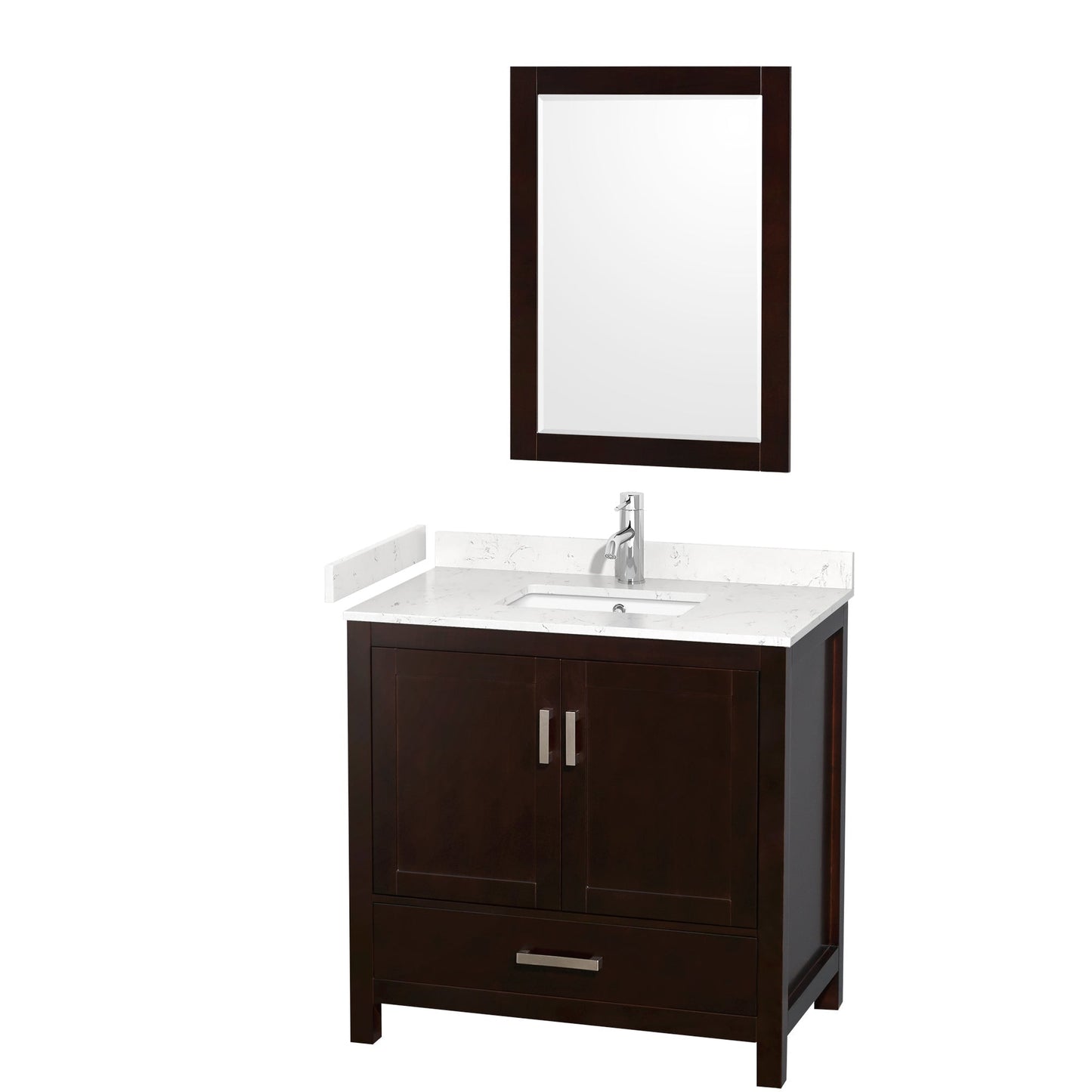 Wyndham Collection Sheffield 36" Single Bathroom Vanity in Espresso, Carrara Cultured Marble Countertop, Undermount Square Sink, 24" Mirror
