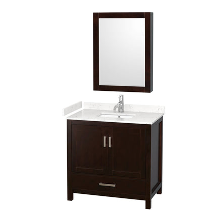 Wyndham Collection Sheffield 36" Single Bathroom Vanity in Espresso, Carrara Cultured Marble Countertop, Undermount Square Sink, Medicine Cabinet