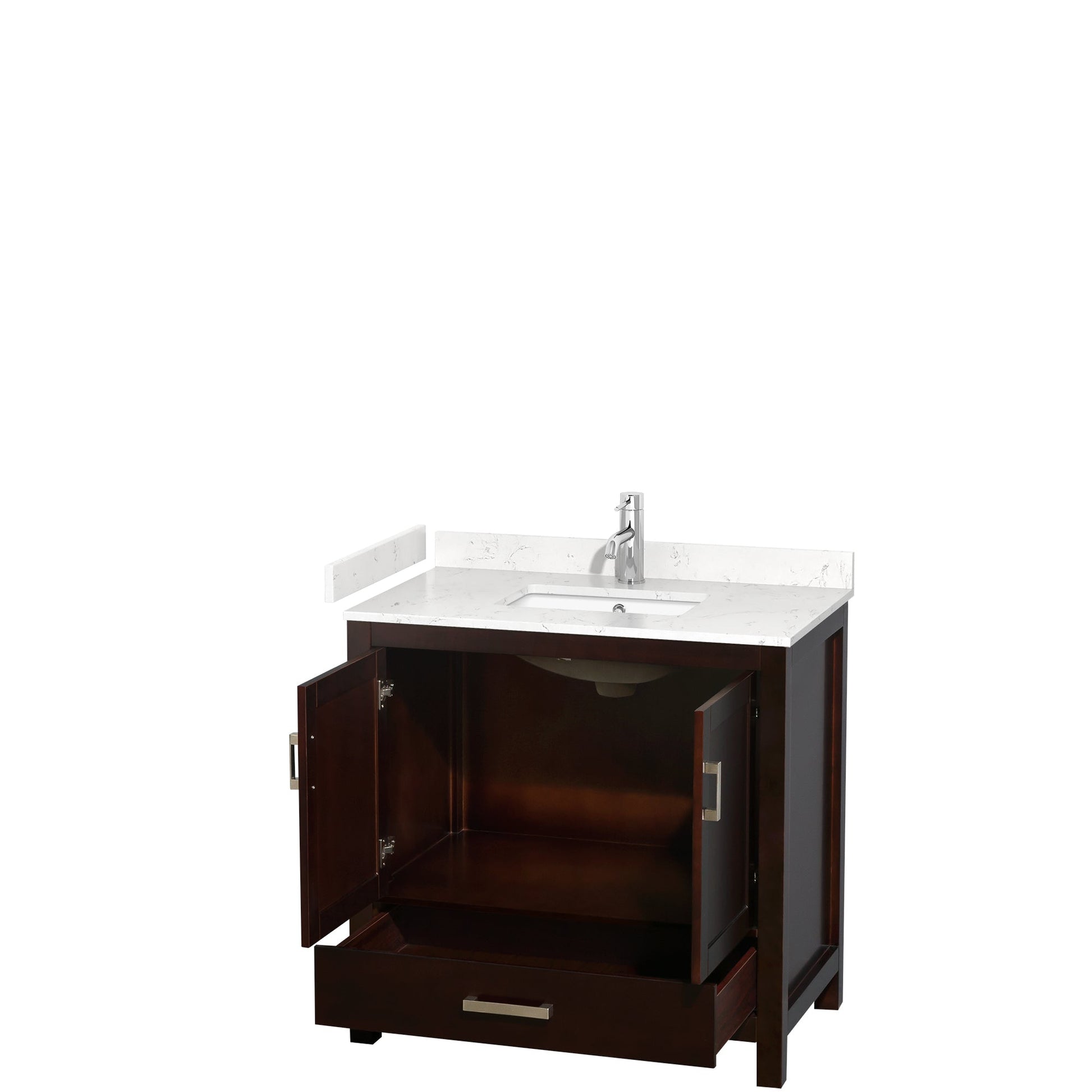 Wyndham Collection Sheffield 36" Single Bathroom Vanity in Espresso, Carrara Cultured Marble Countertop, Undermount Square Sink, No Mirror