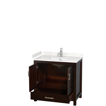 Wyndham Collection Sheffield 36" Single Bathroom Vanity in Espresso, Carrara Cultured Marble Countertop, Undermount Square Sink, No Mirror