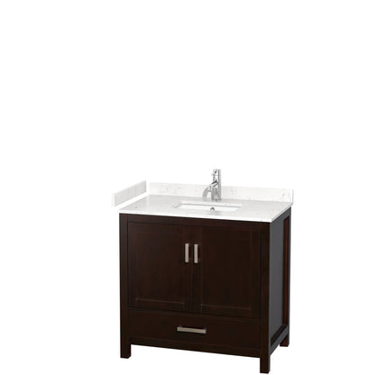Wyndham Collection Sheffield 36" Single Bathroom Vanity in Espresso, Carrara Cultured Marble Countertop, Undermount Square Sink, No Mirror