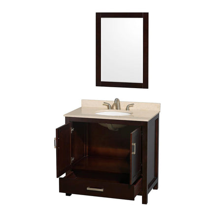 Wyndham Collection Sheffield 36" Single Bathroom Vanity in Espresso, Ivory Marble Countertop, Undermount Oval Sink, and 24" Mirror