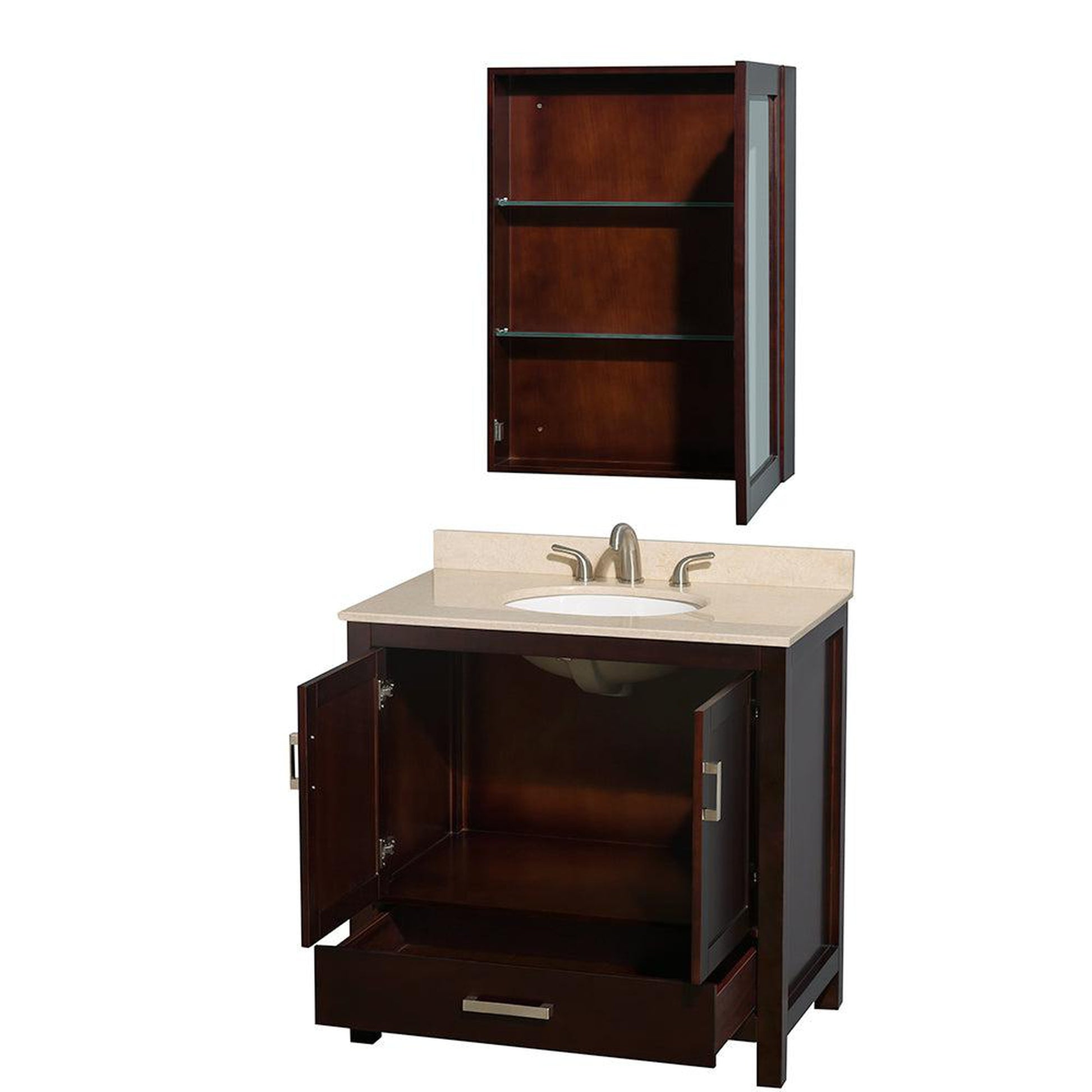Wyndham Collection Sheffield 36" Single Bathroom Vanity in Espresso, Ivory Marble Countertop, Undermount Oval Sink, and Medicine Cabinet