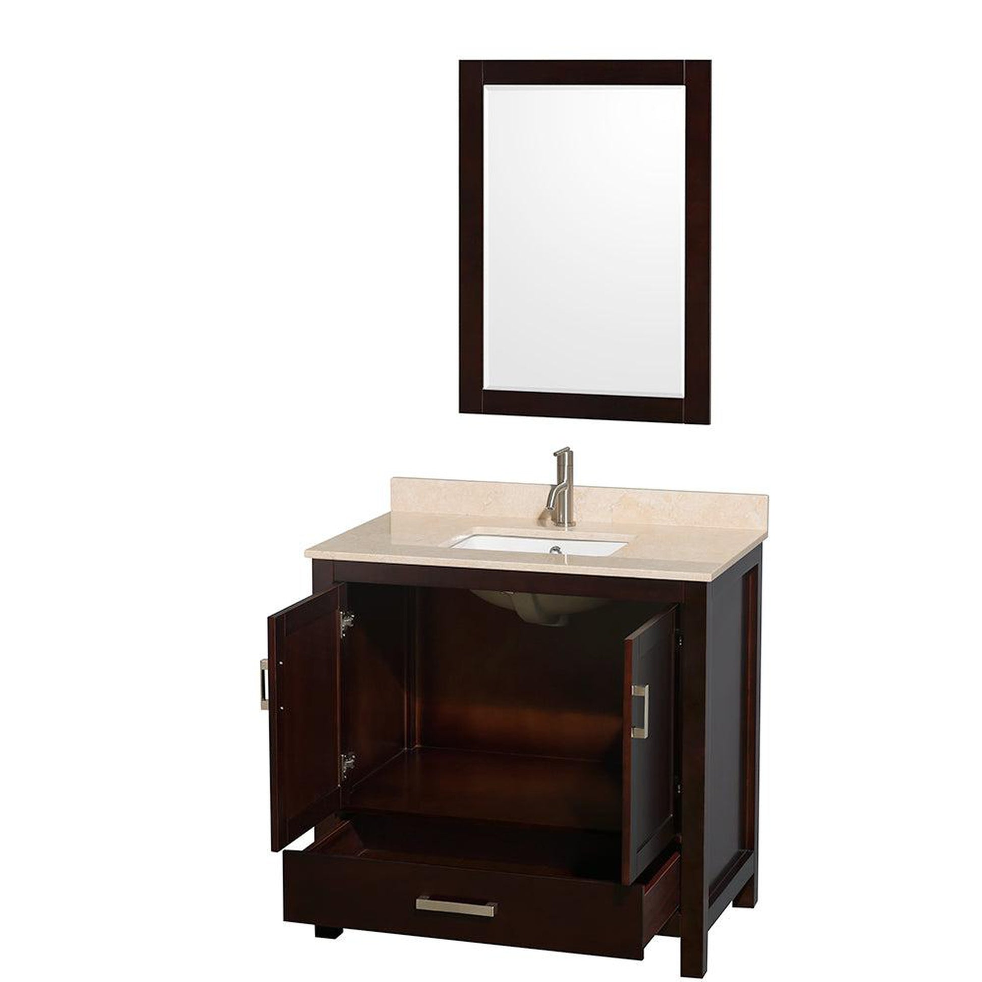 Wyndham Collection Sheffield 36" Single Bathroom Vanity in Espresso, Ivory Marble Countertop, Undermount Square Sink, and 24" Mirror