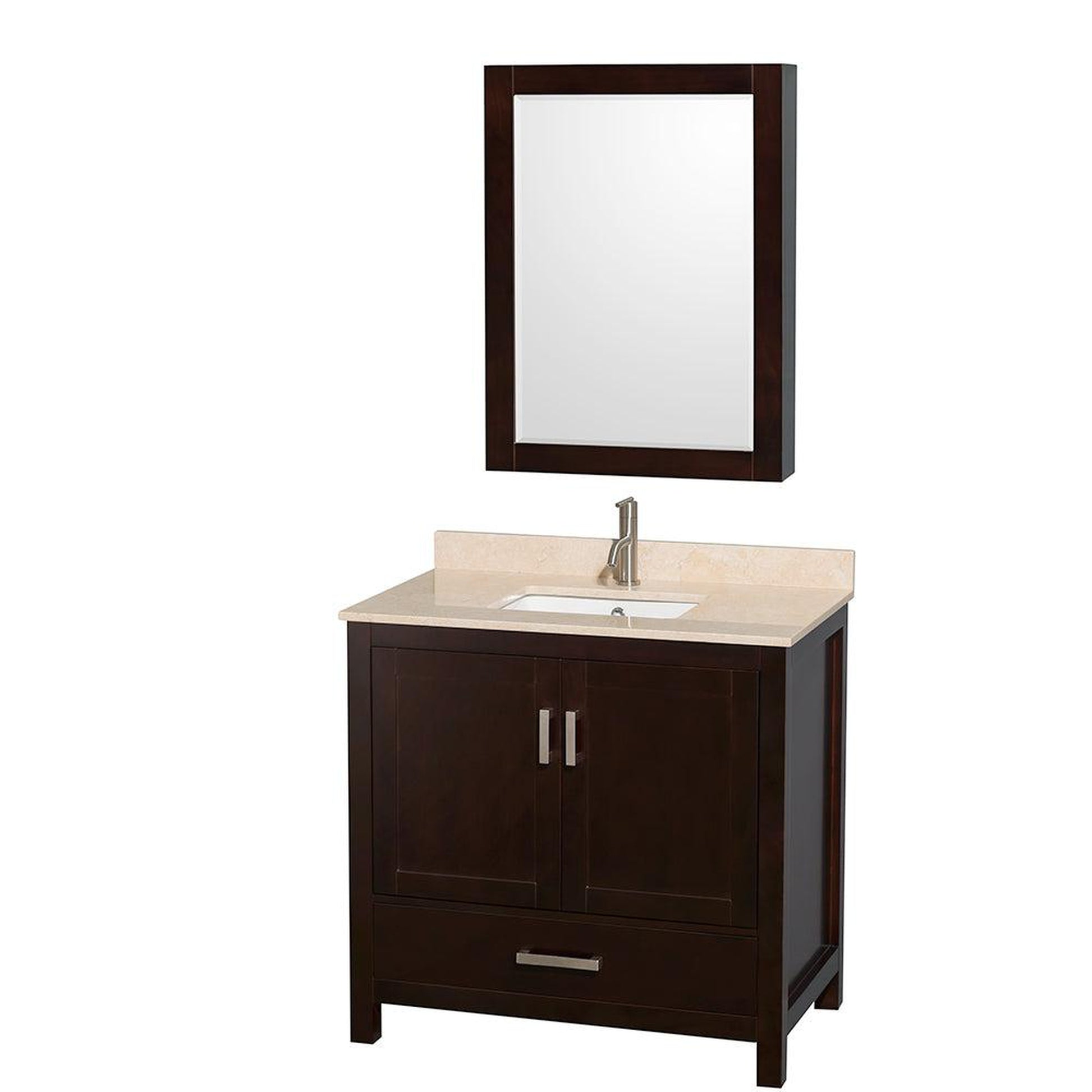 Wyndham Collection Sheffield 36" Single Bathroom Vanity in Espresso, Ivory Marble Countertop, Undermount Square Sink, and Medicine Cabinet