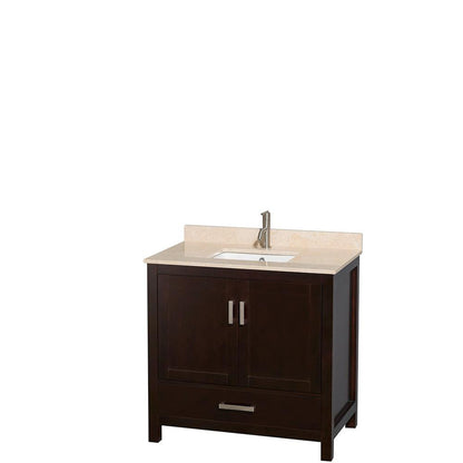 Wyndham Collection Sheffield 36" Single Bathroom Vanity in Espresso, Ivory Marble Countertop, Undermount Square Sink, and Medicine Cabinet