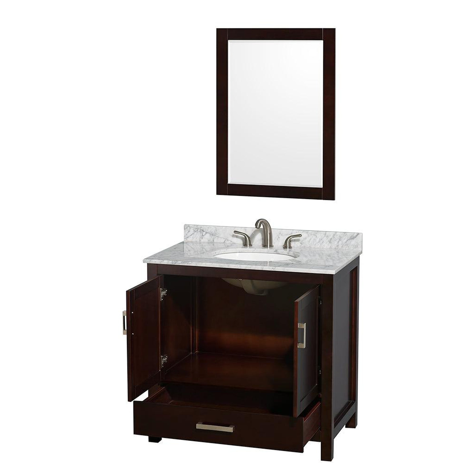 Wyndham Collection Sheffield 36" Single Bathroom Vanity in Espresso, White Carrara Marble Countertop, Undermount Oval Sink, and 24" Mirror