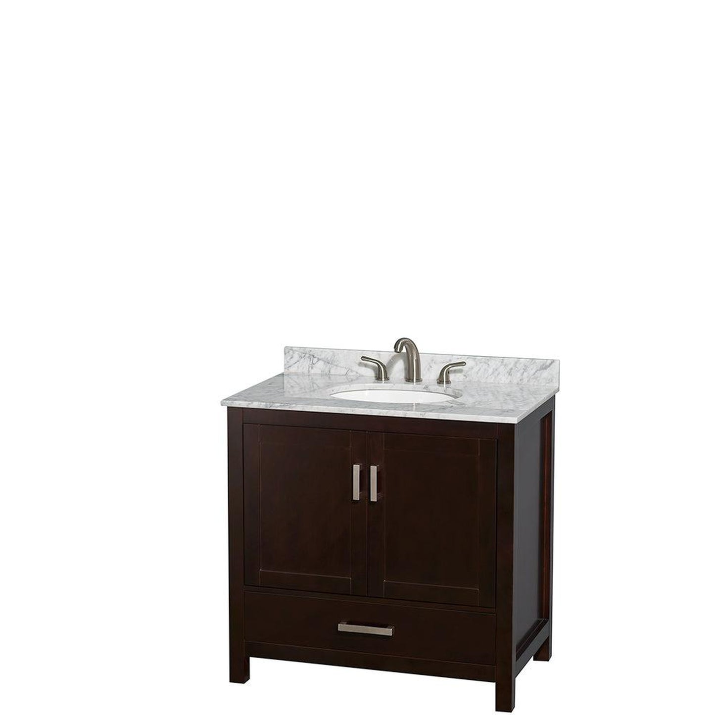 Wyndham Collection Sheffield 36" Single Bathroom Vanity in Espresso, White Carrara Marble Countertop, Undermount Oval Sink, and 24" Mirror