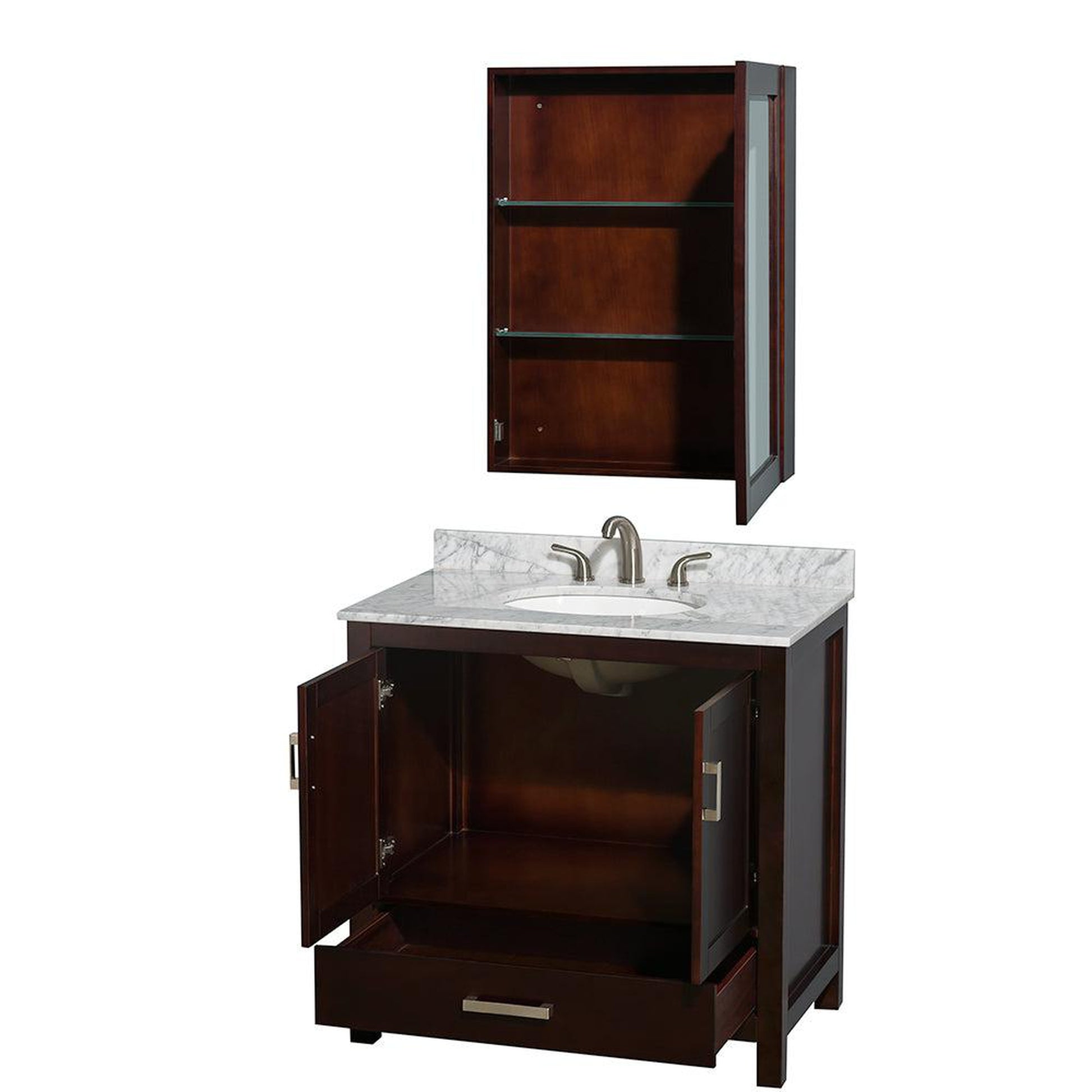 Wyndham Collection Sheffield 36" Single Bathroom Vanity in Espresso, White Carrara Marble Countertop, Undermount Oval Sink, and Medicine Cabinet