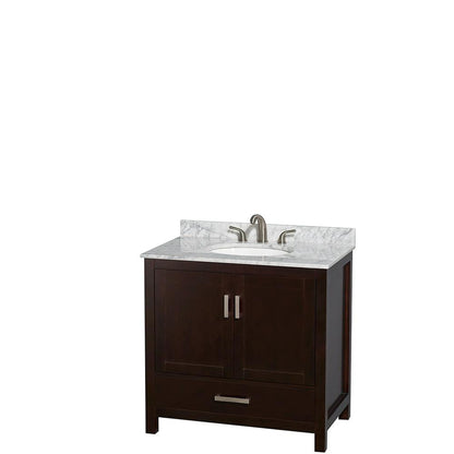 Wyndham Collection Sheffield 36" Single Bathroom Vanity in Espresso, White Carrara Marble Countertop, Undermount Oval Sink, and Medicine Cabinet