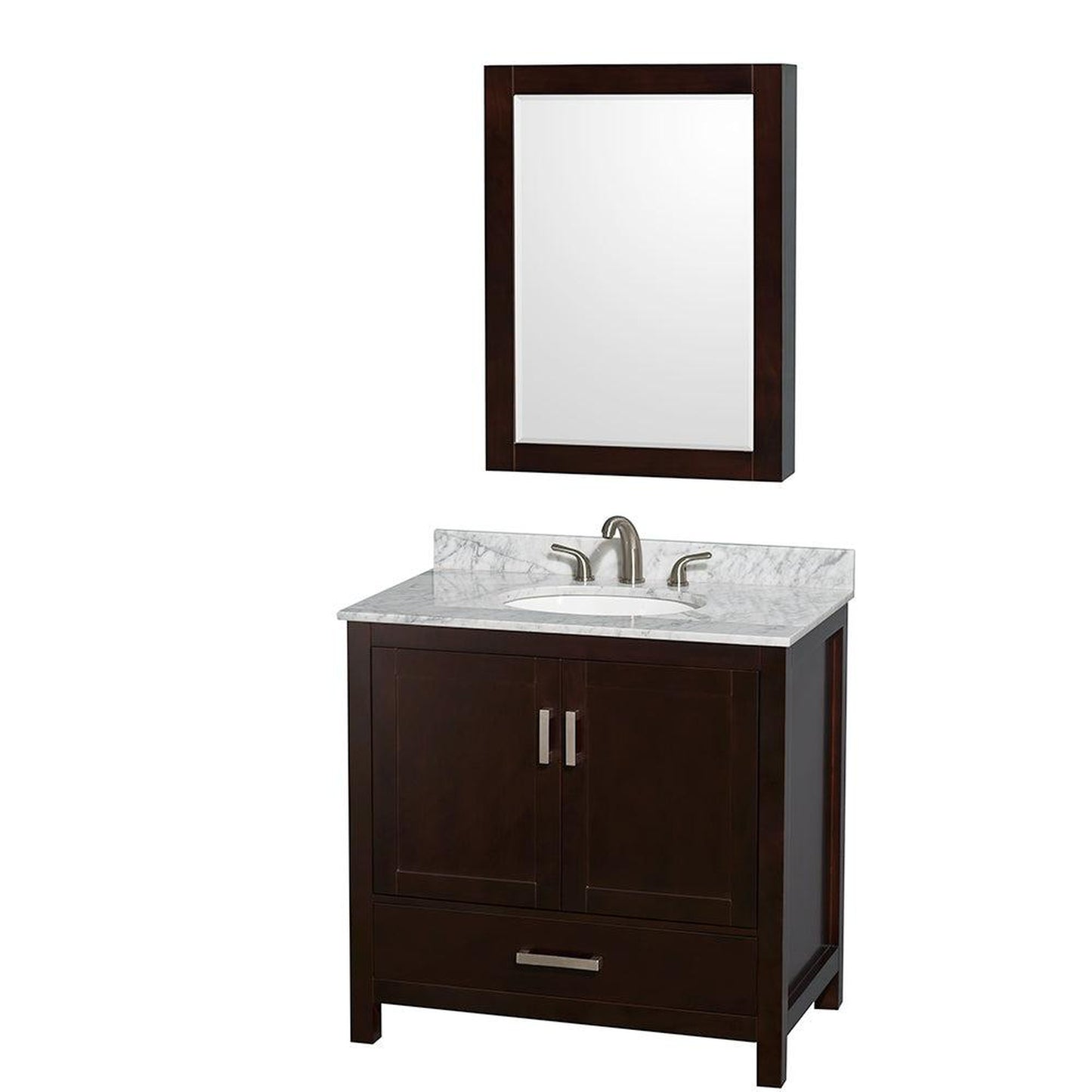 Wyndham Collection Sheffield 36" Single Bathroom Vanity in Espresso, White Carrara Marble Countertop, Undermount Oval Sink, and Medicine Cabinet