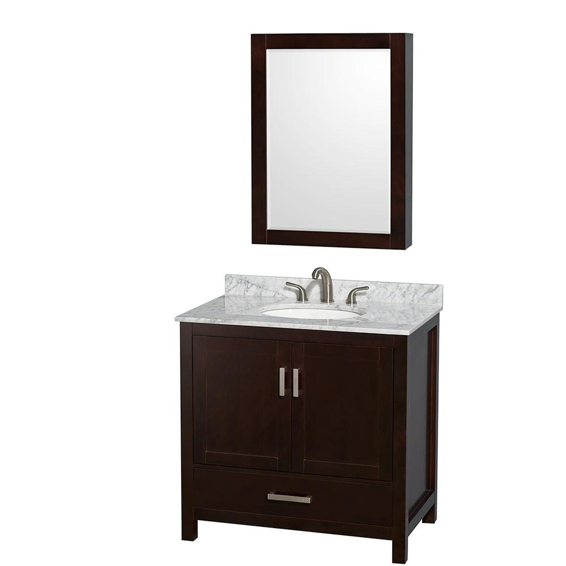 Wyndham Collection Sheffield 36" Single Bathroom Vanity in Espresso, White Carrara Marble Countertop, Undermount Oval Sink, and Medicine Cabinet