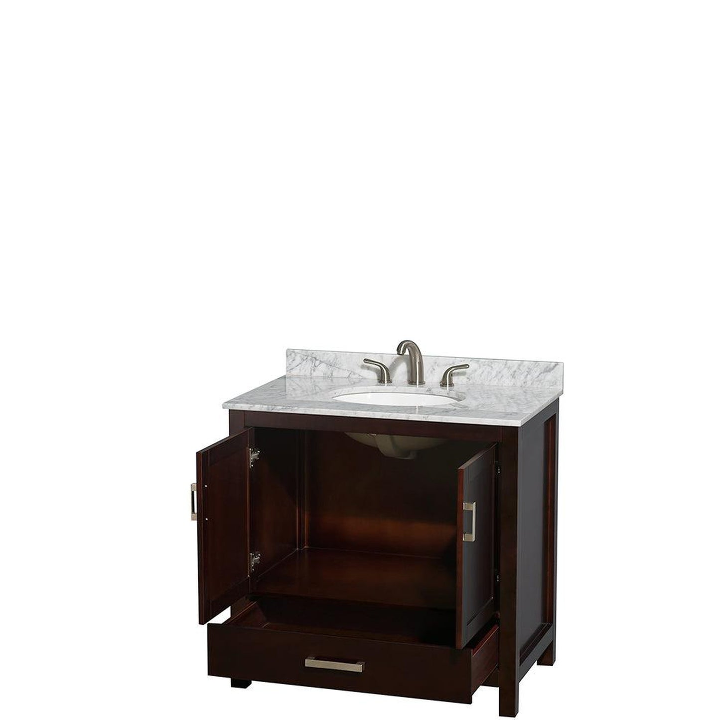 Wyndham Collection Sheffield 36" Single Bathroom Vanity in Espresso, White Carrara Marble Countertop, Undermount Oval Sink, and No Mirror