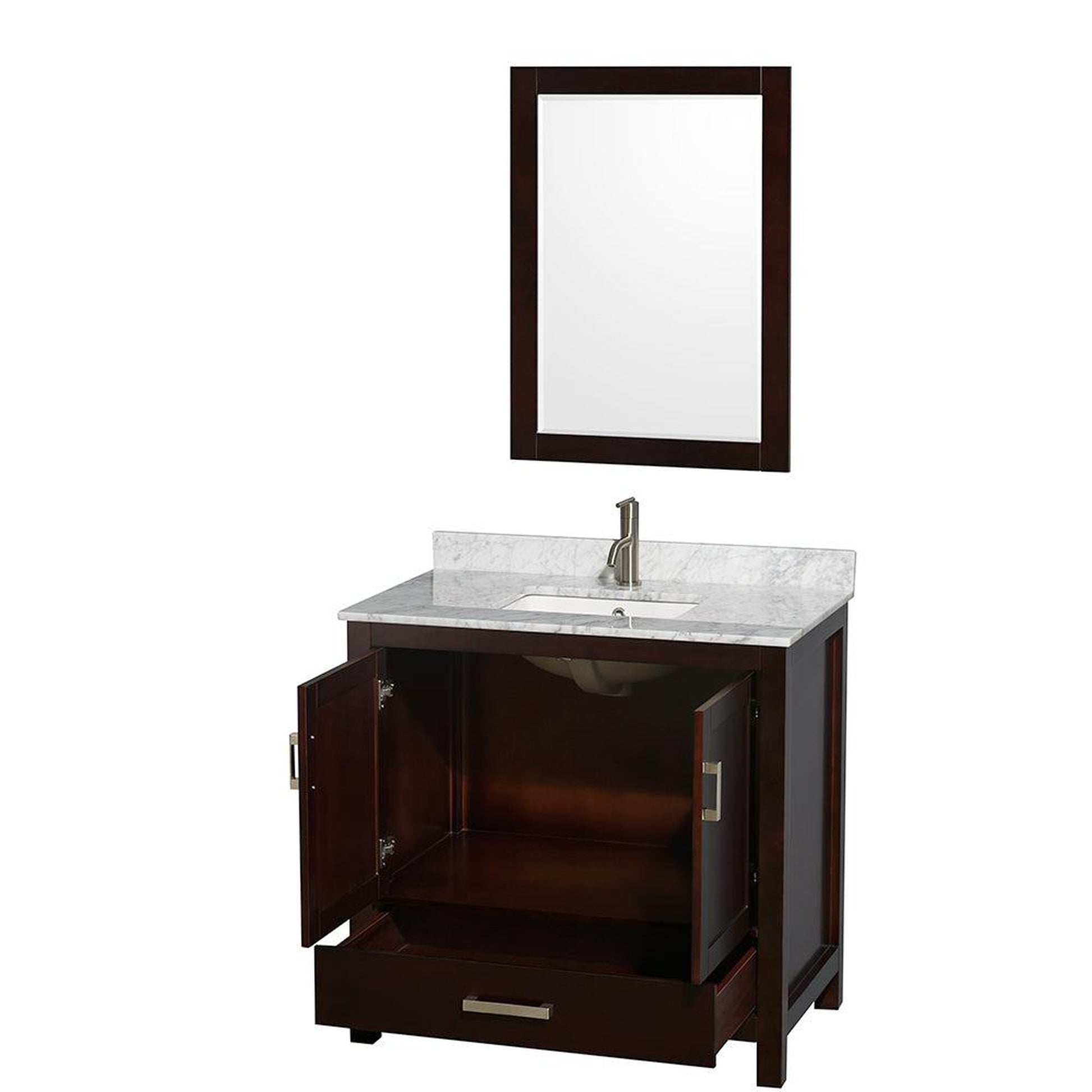 Wyndham Collection Sheffield 36" Single Bathroom Vanity in Espresso, White Carrara Marble Countertop, Undermount Square Sink, and 24" Mirror