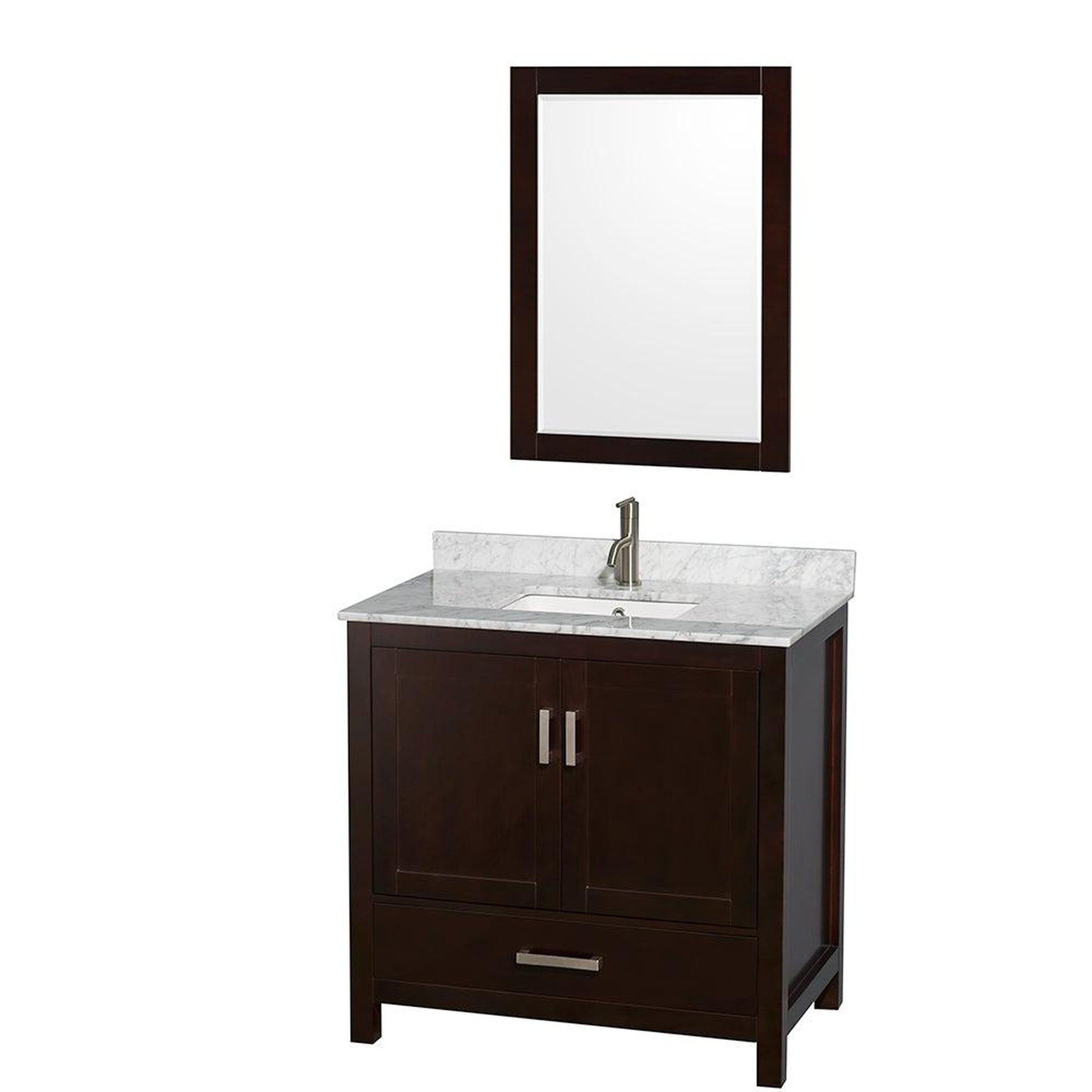 Wyndham Collection Sheffield 36" Single Bathroom Vanity in Espresso, White Carrara Marble Countertop, Undermount Square Sink, and 24" Mirror