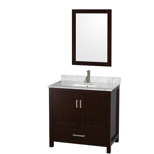 Wyndham Collection Sheffield 36" Single Bathroom Vanity in Espresso, White Carrara Marble Countertop, Undermount Square Sink, and 24" Mirror