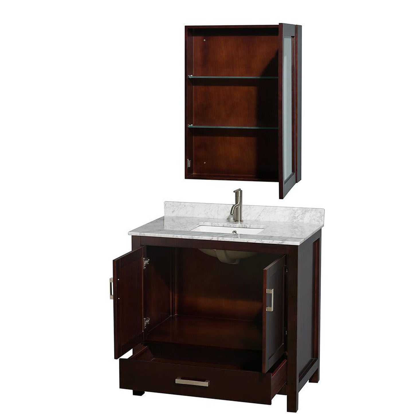 Wyndham Collection Sheffield 36" Single Bathroom Vanity in Espresso, White Carrara Marble Countertop, Undermount Square Sink, and Medicine Cabinet
