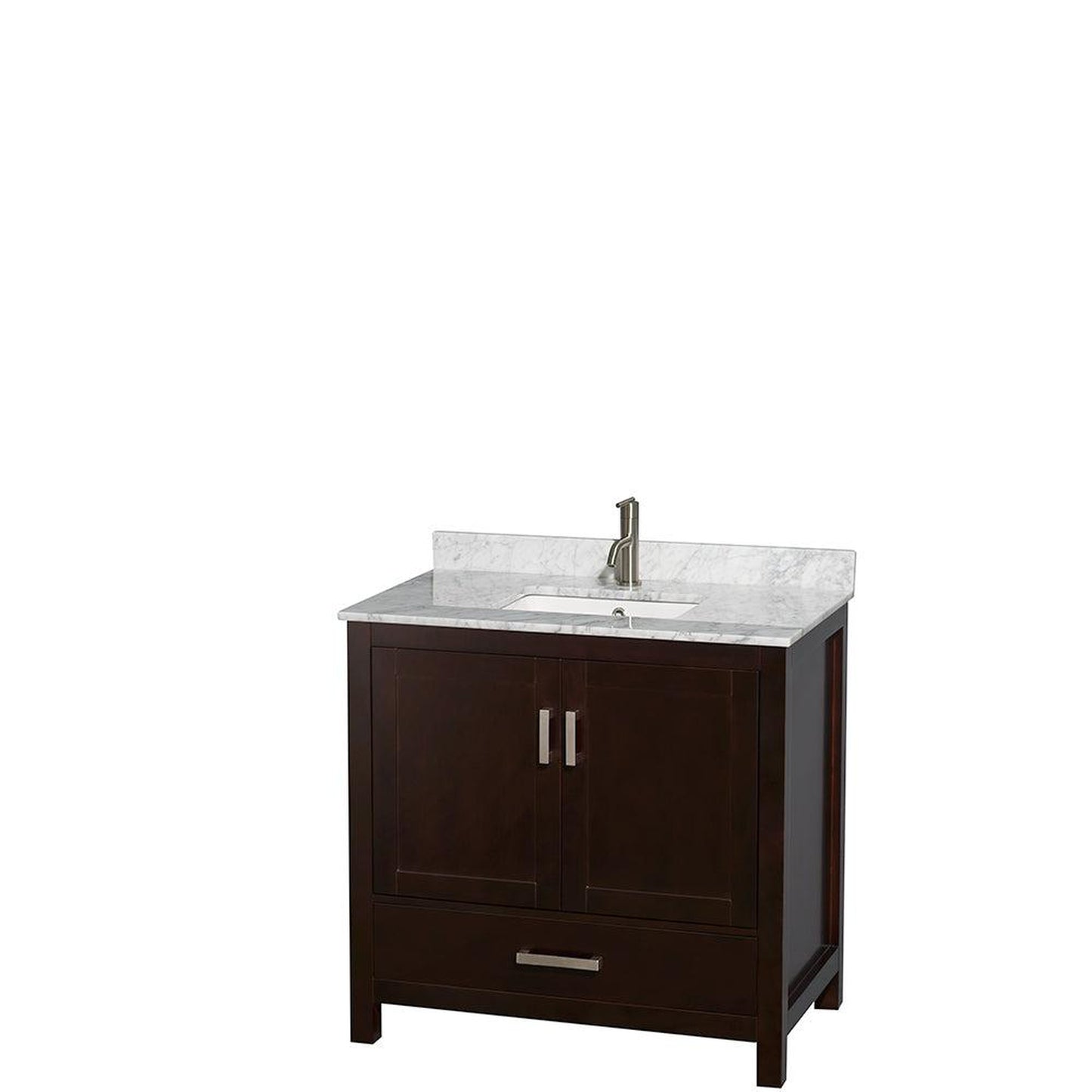 Wyndham Collection Sheffield 36" Single Bathroom Vanity in Espresso, White Carrara Marble Countertop, Undermount Square Sink, and Medicine Cabinet
