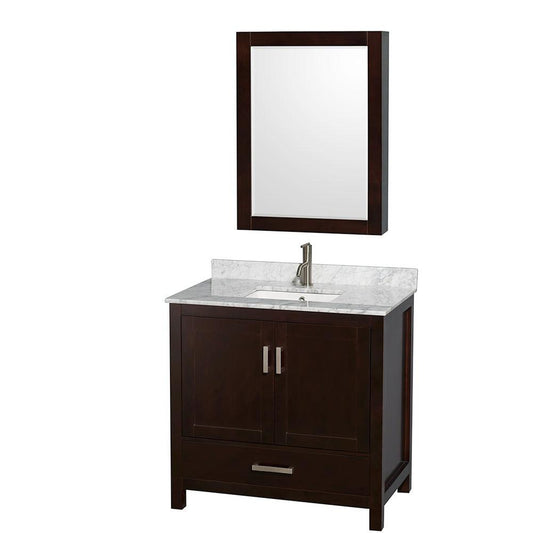 Wyndham Collection Sheffield 36" Single Bathroom Vanity in Espresso, White Carrara Marble Countertop, Undermount Square Sink, and Medicine Cabinet