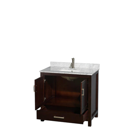 Wyndham Collection Sheffield 36" Single Bathroom Vanity in Espresso, White Carrara Marble Countertop, Undermount Square Sink, and No Mirror
