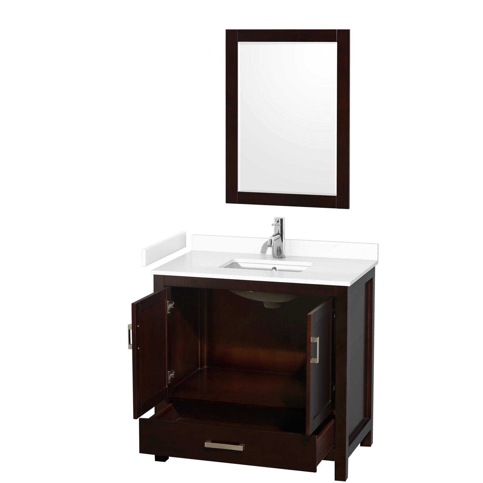 Wyndham Collection Sheffield 36" Single Bathroom Vanity in Espresso, White Cultured Marble Countertop, Undermount Square Sink, 24" Mirror